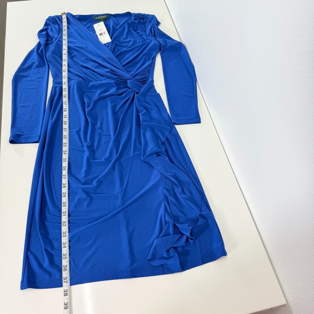 Lauren Ralph Lauren Ruched Faux Wrap Royal Cobalt Blue Midi Party Dress 6 - Picture 6 of 8
